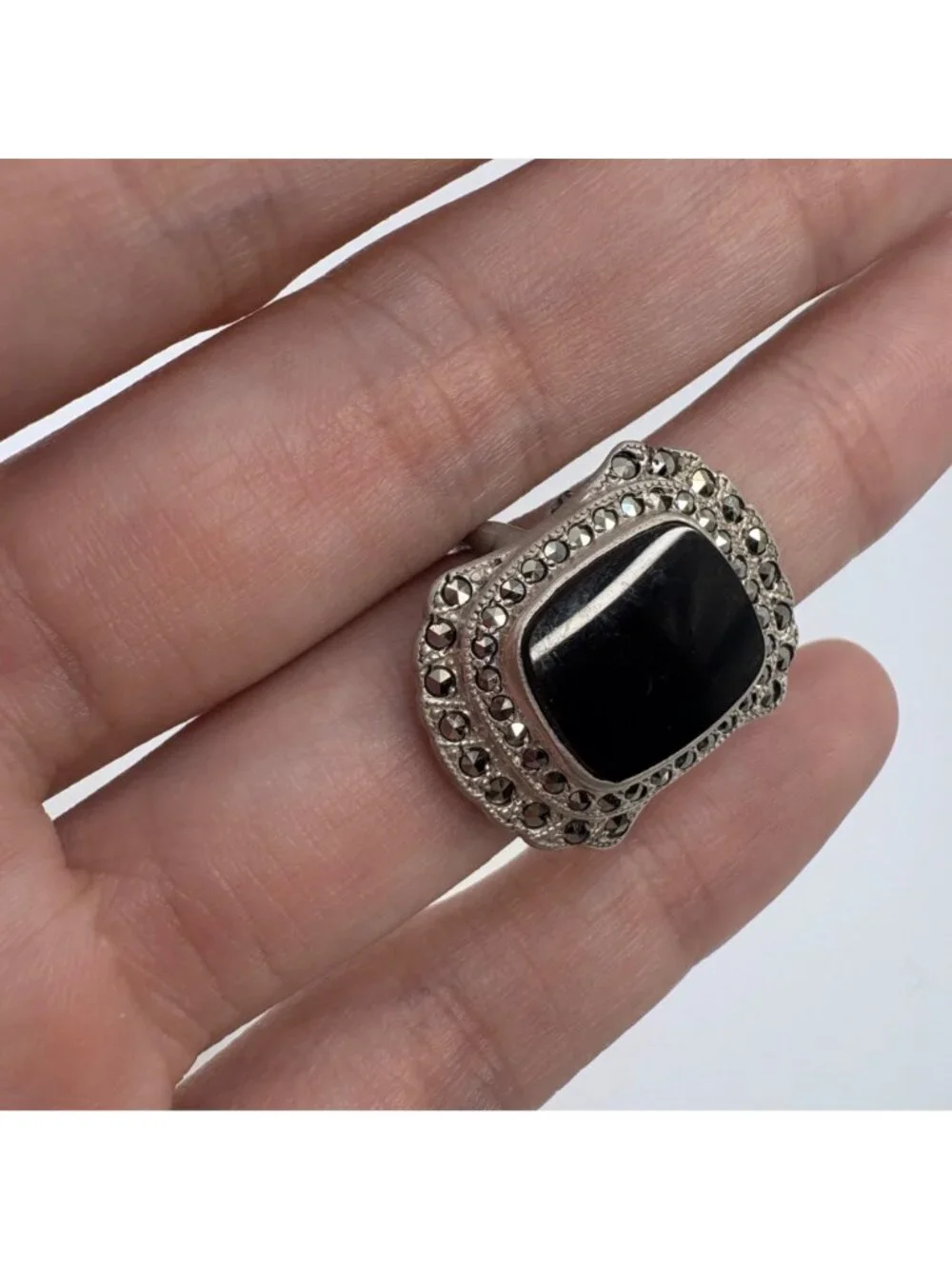 Black Onyx Bezel Set Sterling Silver 925 & Marcasite Ring Size 5.25
